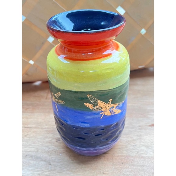 Rainbow Pottery Vase with Genuine 18K Gold Dragonflies - Picture 1 of 10
